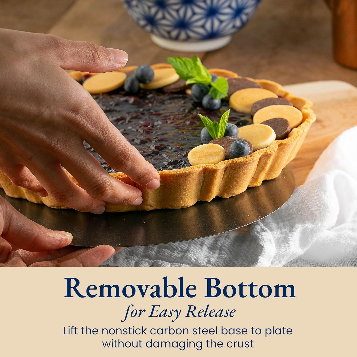 Fluted Tart Pan 9 Inch Removable Bottom with Patented Silicone Crust Shaper | No