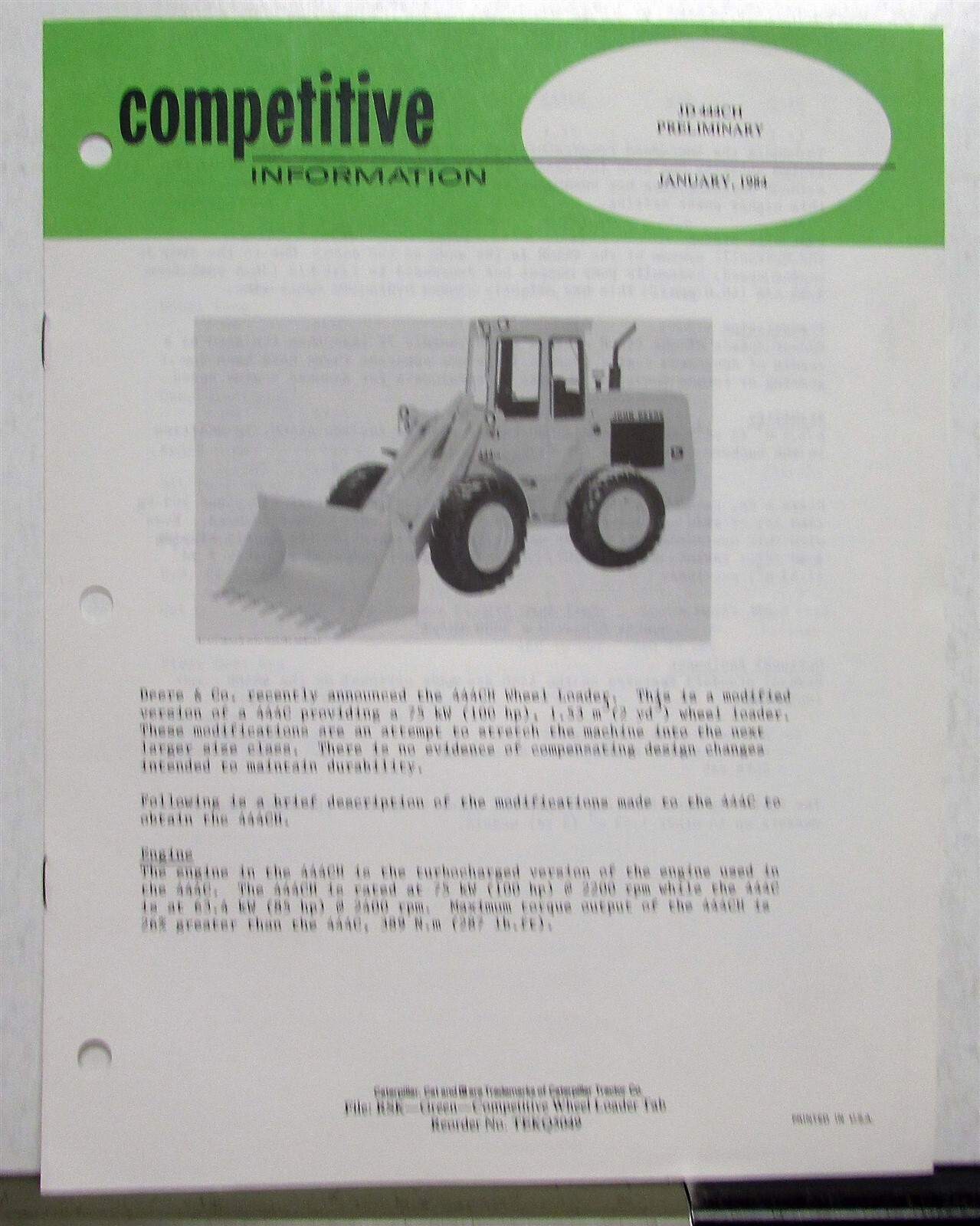 1984 Caterpillar Wheel Loaders Specs Construction Competitive Information PRELIM
