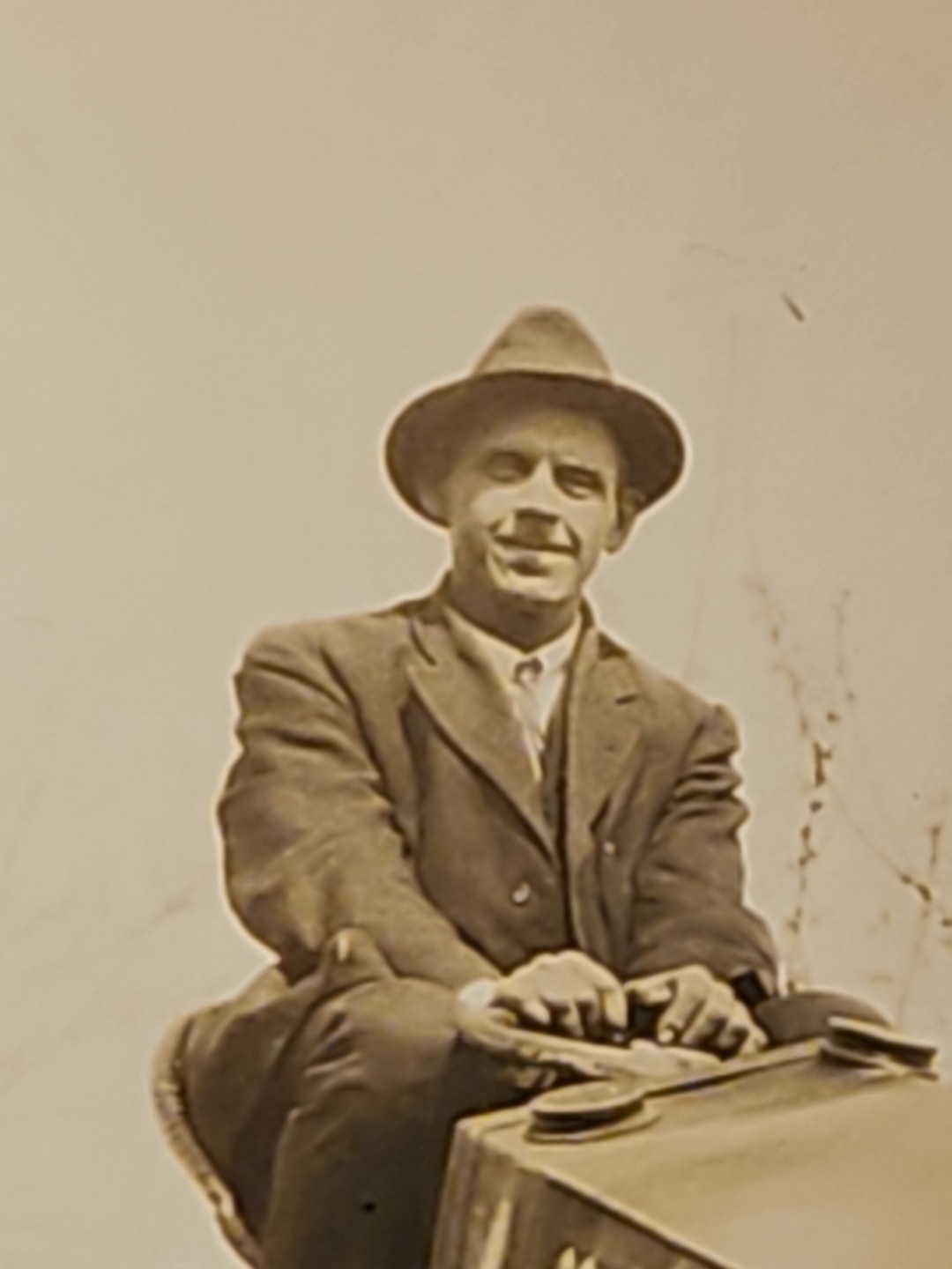 Antique Cletrac Tractor Photo w Man All Dressed Up In His Best Angular Radiator
