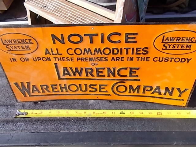 Vintage Tin Sign Lawrence System Warehouse Company Notice Commodities 9 by 19.5