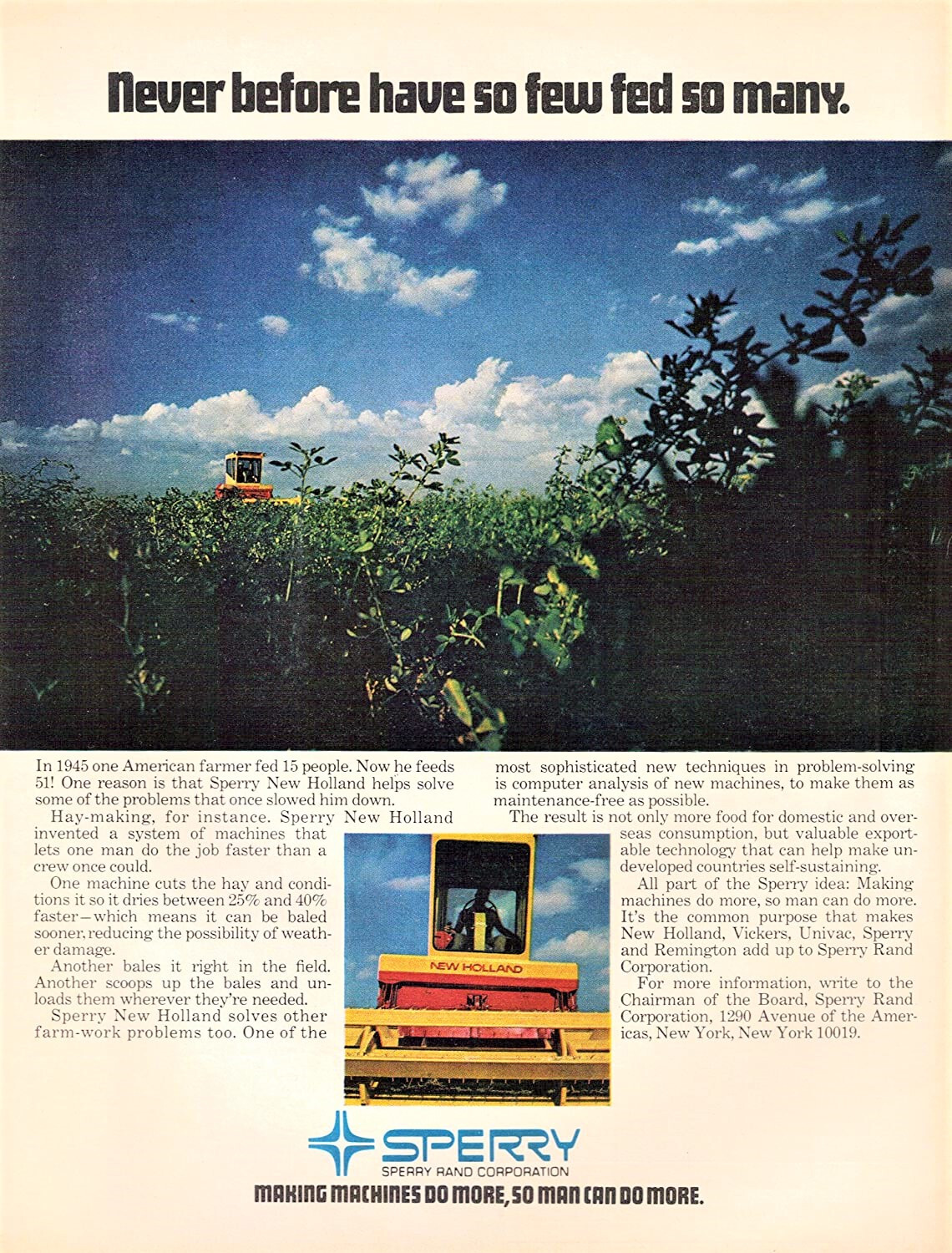 1973 Sperry New Holland Tractor Farm Equipment – Fed So Many – Print Ad Photo