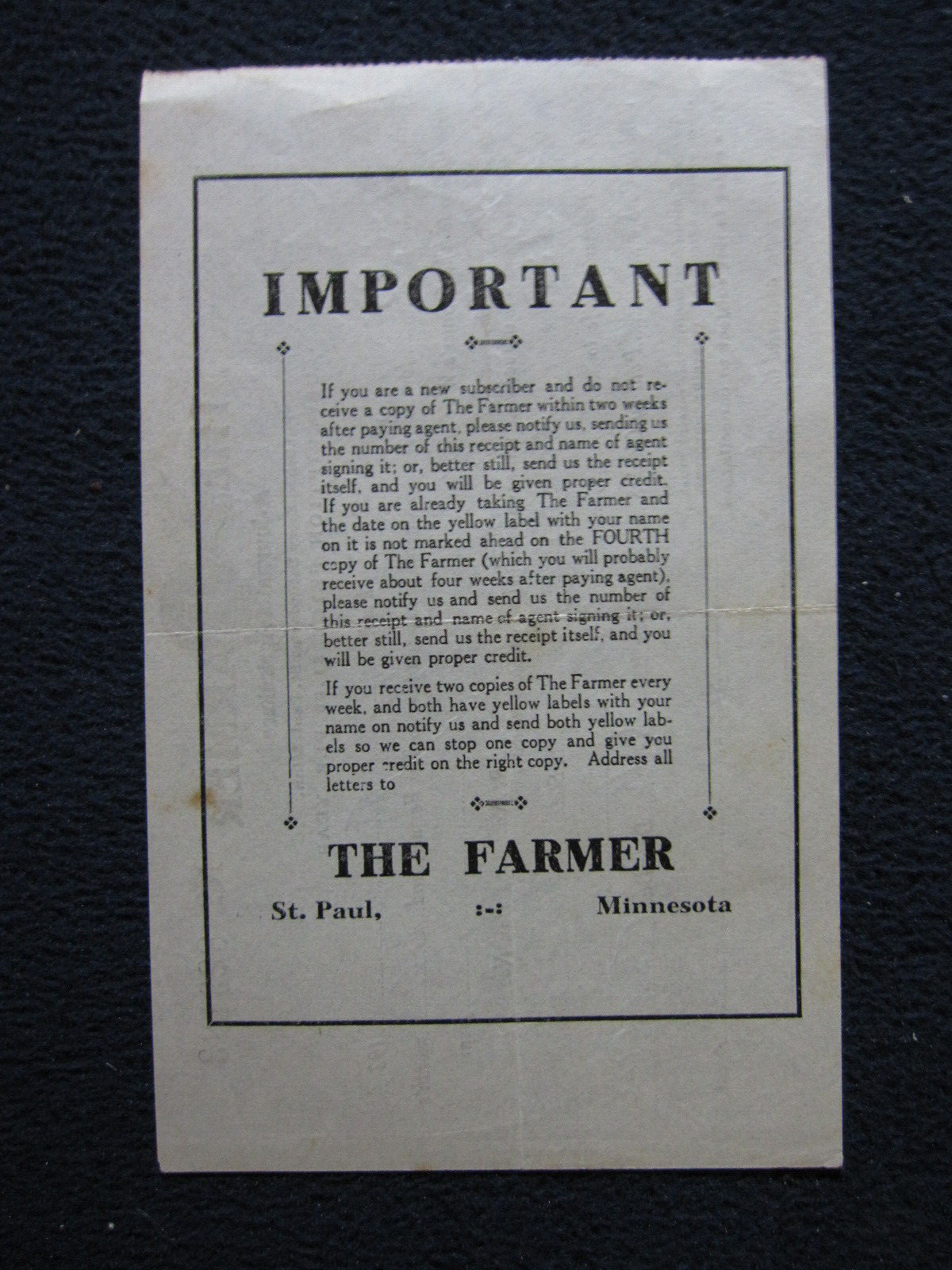 1922 The Farmer Journal of Agriculture Subscription Receipt (and Farmer’s Wife)