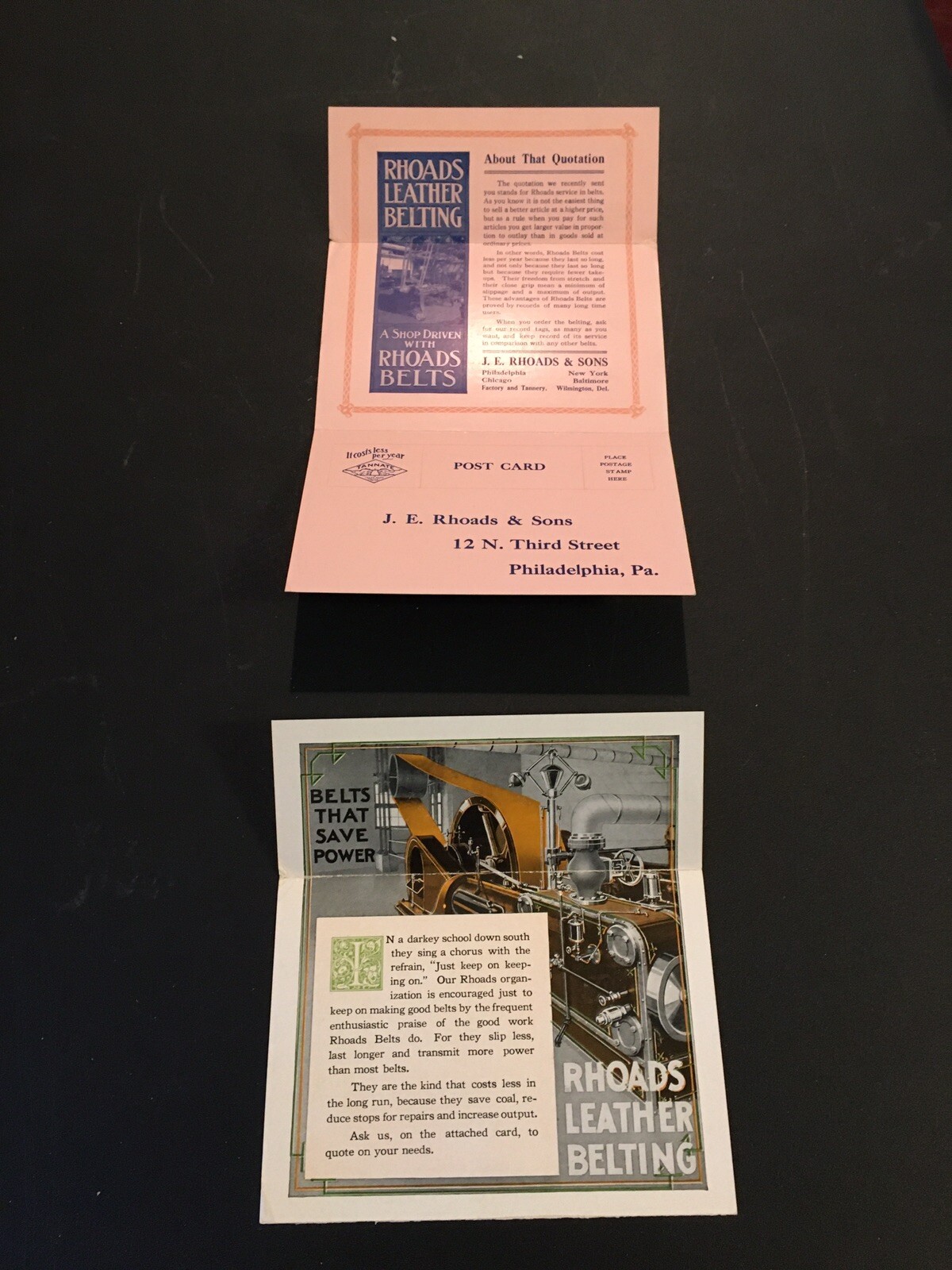 Lot Of 2 Rhoads & Sons Leather Belting Postal Ads Stamp Philadelphia