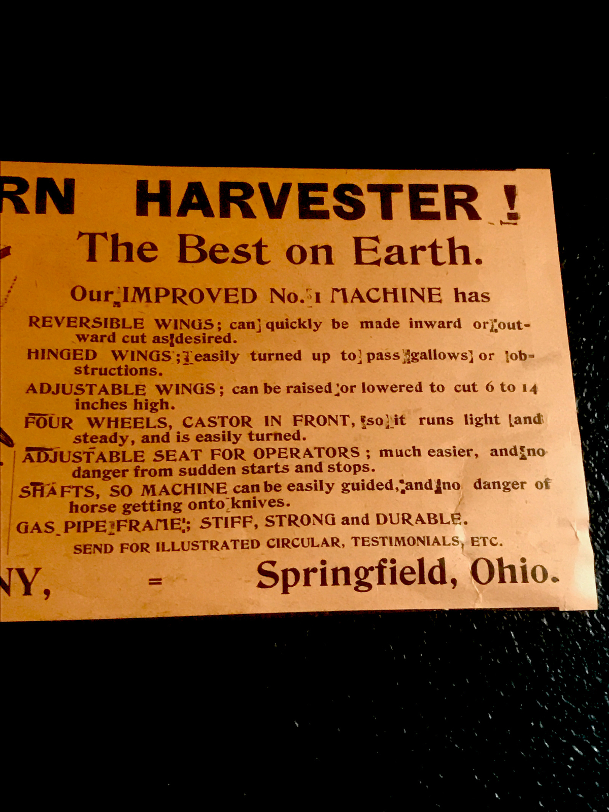 1893 Foos Corn Harvester Farm Engraving Advertising – Springfield – Ohio