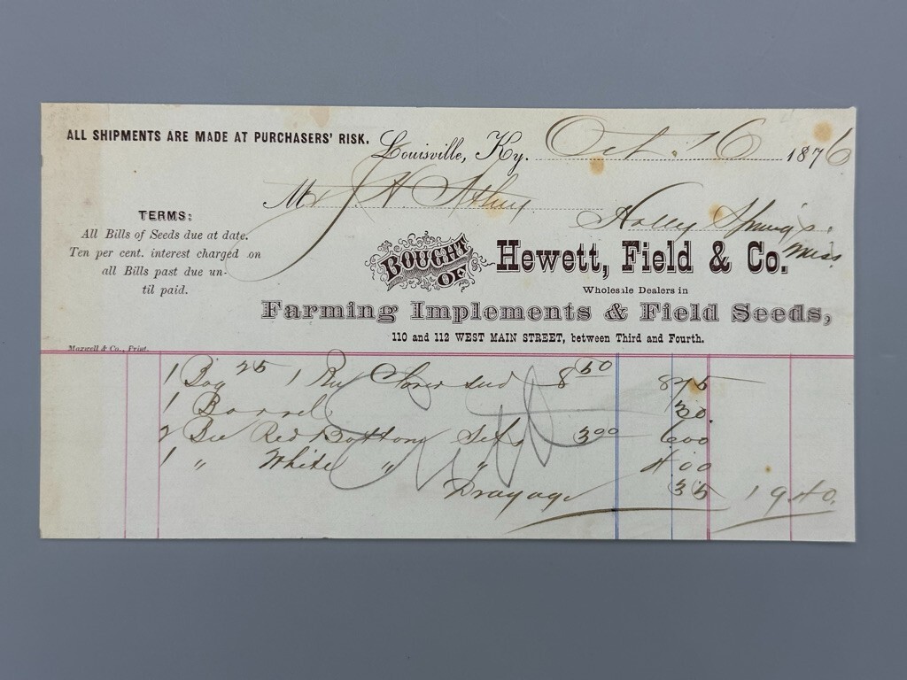 1876 Hewett FIELD SEEDS Farm Implements Advertising LOUISVILLE KENTUCKY Invoice