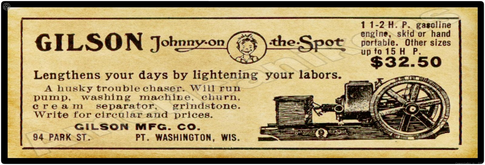 1915 Gilson Mfg. Co. Gas Engines New Metal Sign: 6 x 18″ Port Washington, WI