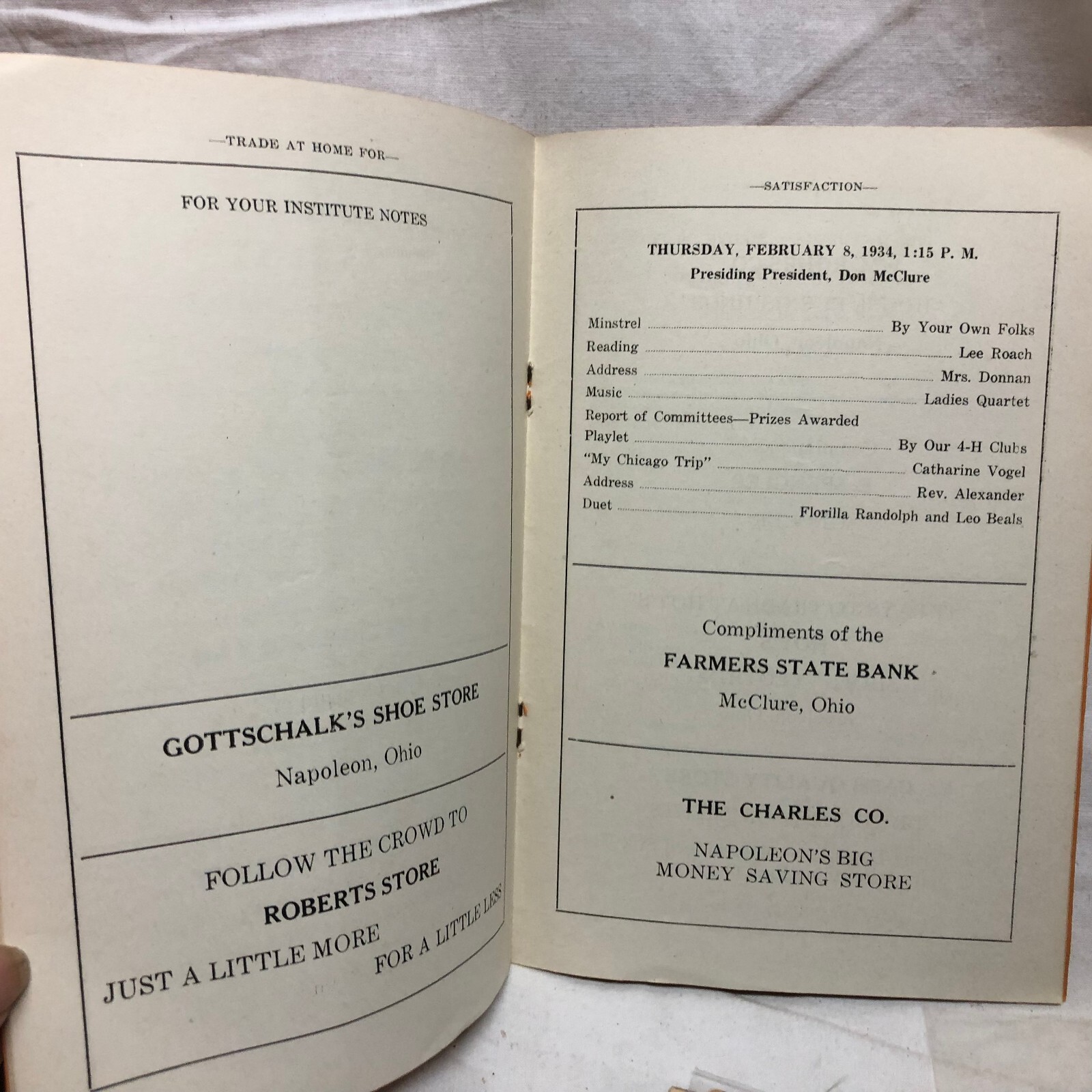 Vintage Farmers’ Institute Program 1934 Advertising Napoleon & McClure Ohio