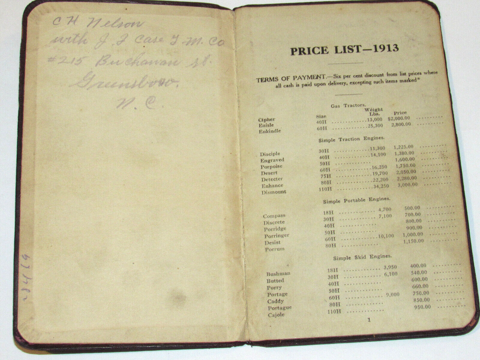 VINTAGE 1913 J. I. CASE THRESHING MACHINE CO PRICE LIST! SALESMAN’S COPY! JI