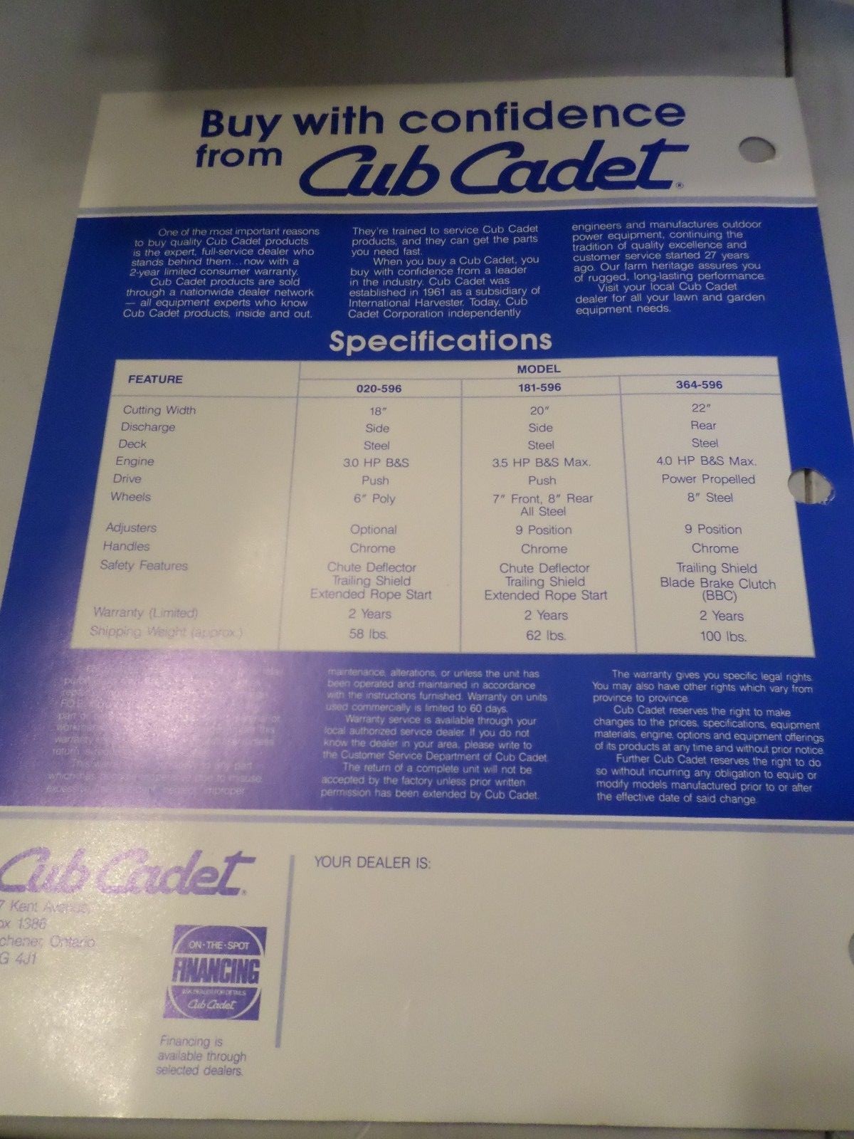 1988 Cub Cadet Lawn Mowers Dealers Sales Brochure All models