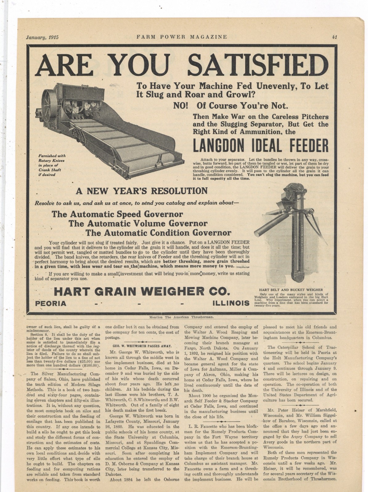 1915 Hart Grain Weigher Co. of Peoria, Illinois Ad: The Langdon Ideal Feeder