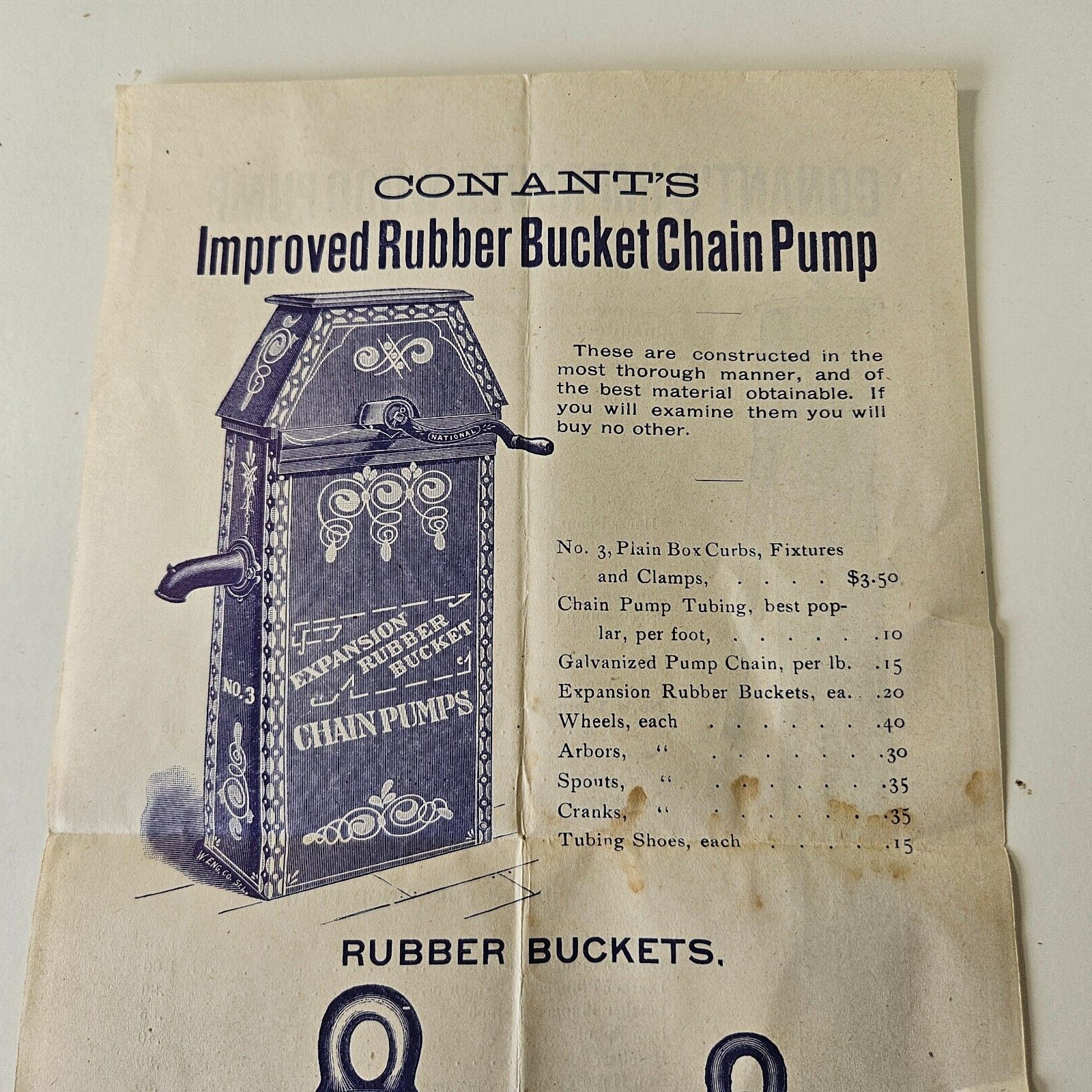 Late 1800’s Conant Co Bangor Maine Sales Brochure Wood & Bucket Chain Water Pimp
