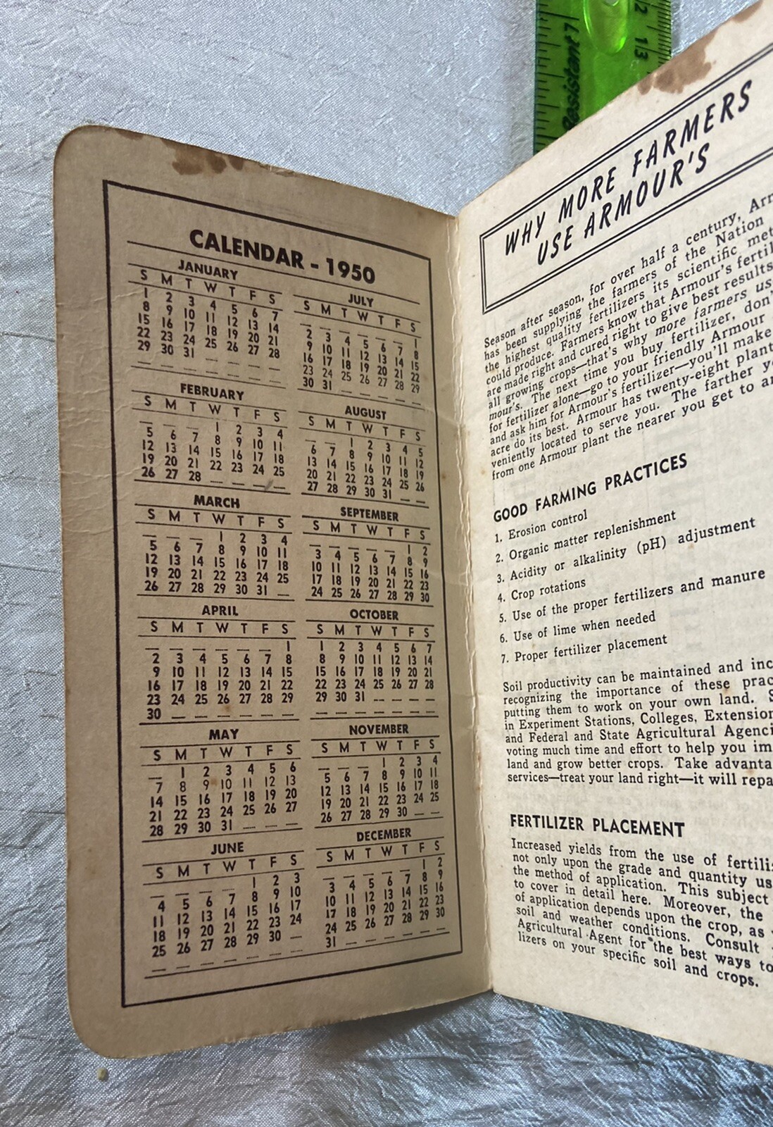 Vintage Armour’s Big Crop Fertilizers Pocket Memo Book 1950 Calendar