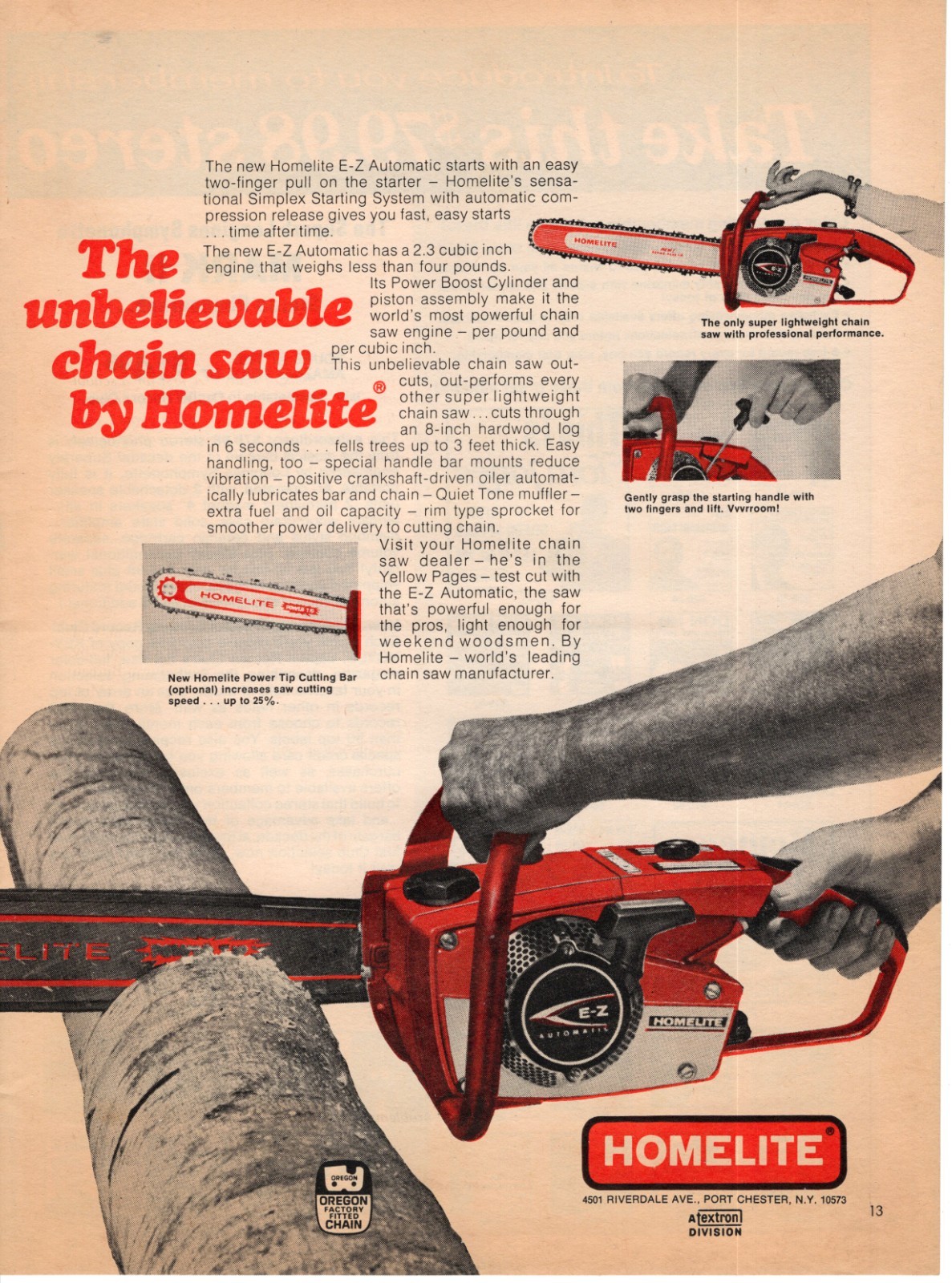 1965 Print Ad of Homelite EZ Automatic Chain Saw