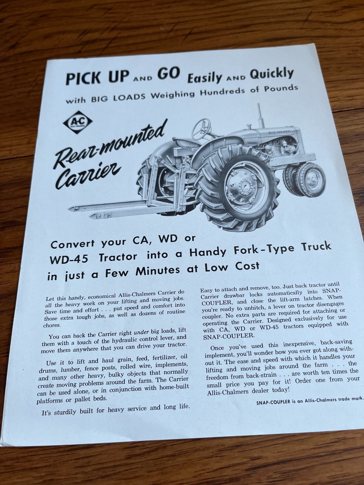 Allis Chalmers Rear Mounted Carrier For WD45 Tractor For 1954 Brochure DCPA18