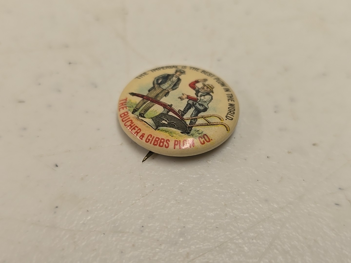 Antique 7/8″ Bucher & Gibbs Imperial Plow Advertising Celluloid Pinback