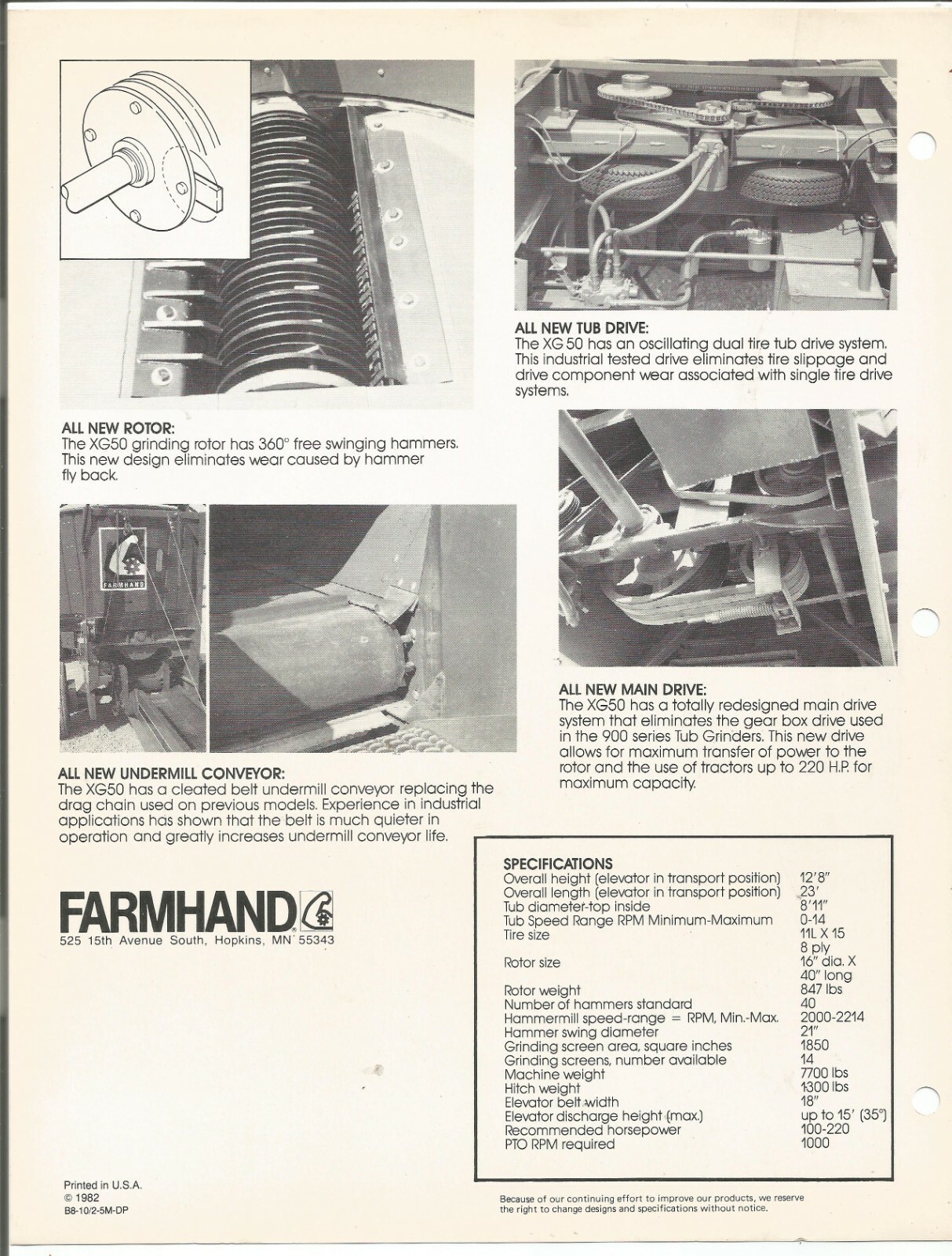 Original Farmhand Model XG50 Tub Grinders Dealer Sales Brochure No B8-10/2-5M-DP