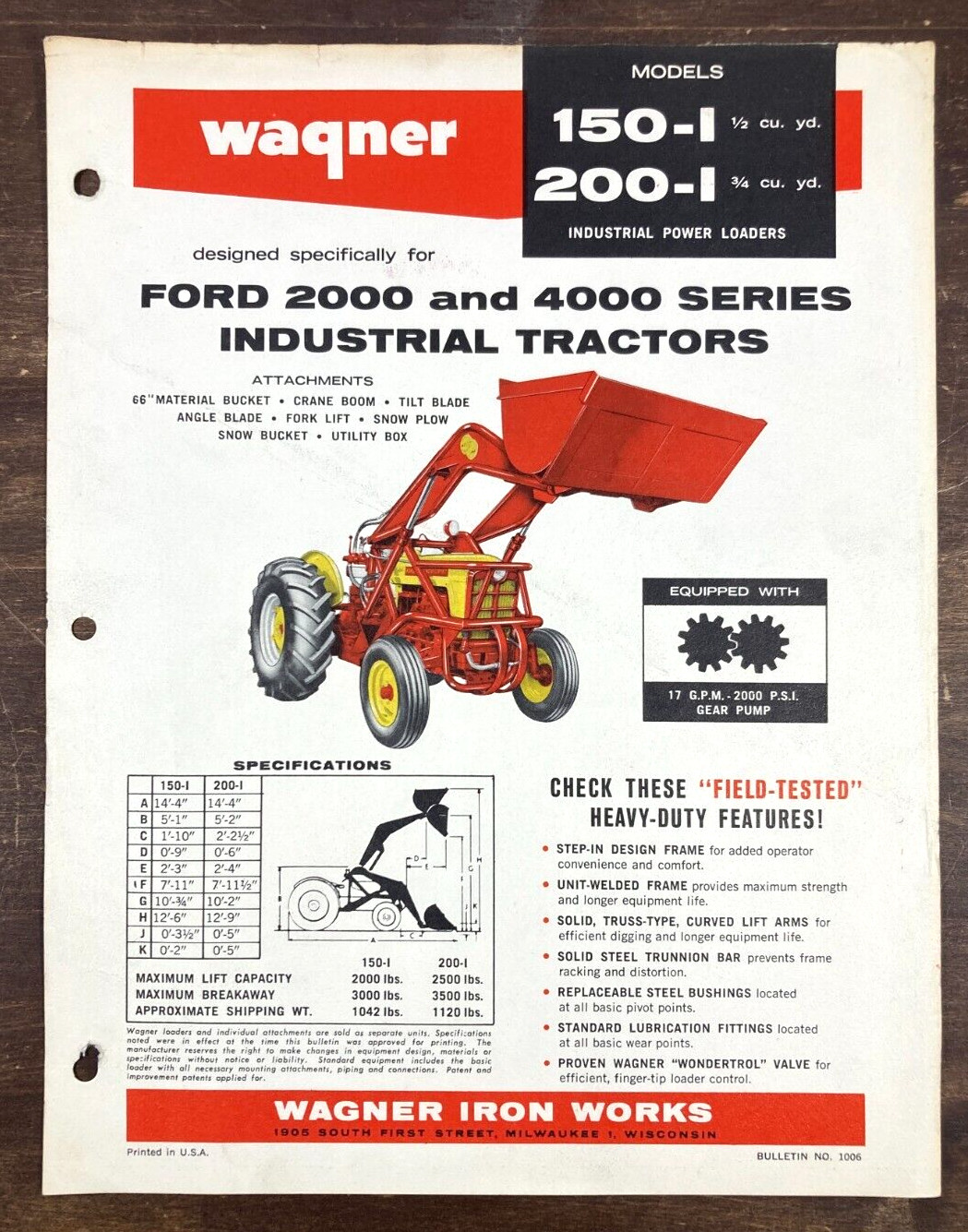 Wagner 150 200-I Loader For Ford Industrial Tractor 2000-4000 50’s Sales Sheet