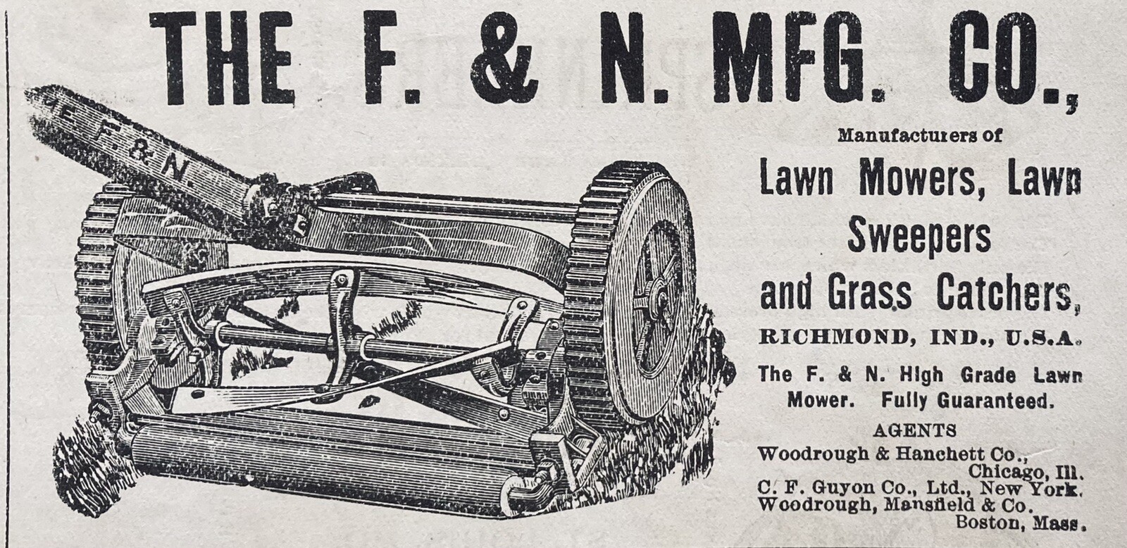 1894 AD.(XH8)~F & N MFG. CO. RICHMOND, IND. LAWN MOWERS AND LAWN SWEEPERS