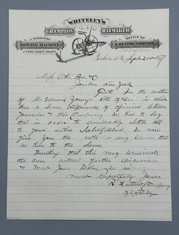 1877 WHITELEY’s CHAMPION HAYMAKER Mower FARM ADVERTISING Letterhead YONKERS NY