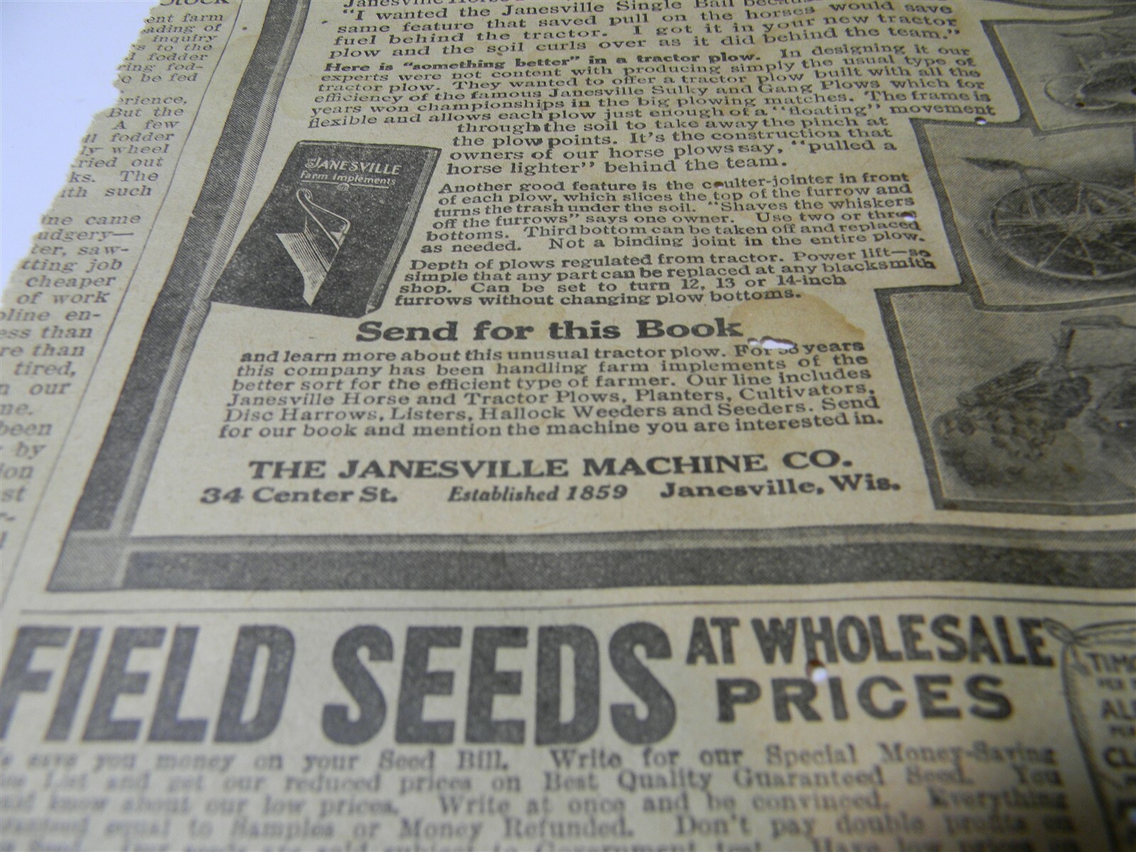 Vintage 1917 Janseville Machine Co. Tractor Plow Man Cave 1910’s Print Ad 5A11