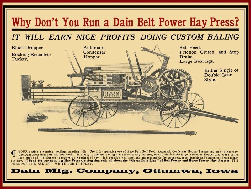 1910 Dain Power Hay Press – Ottumwa, IA NEW Sign 24″x30″ USA STEEL XL Size 7 lb