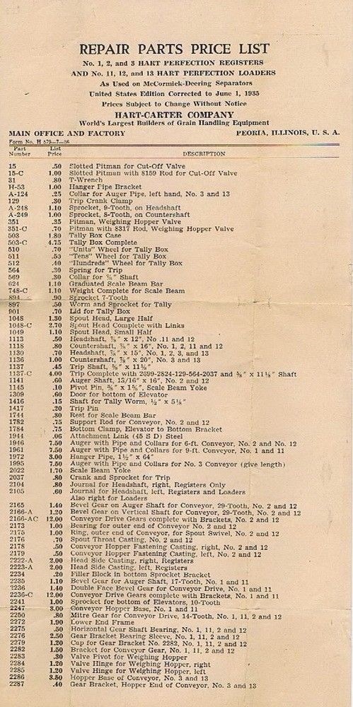 Repair Parts Price List for Hart Perfection Registers and Loaders 1936