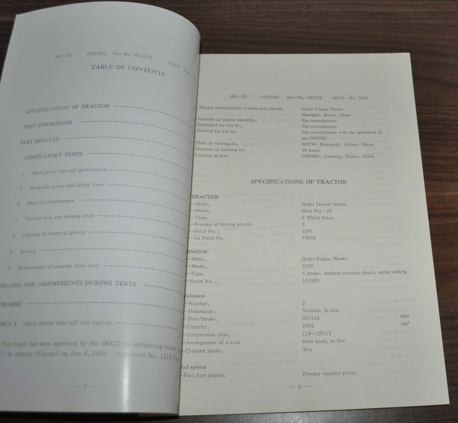 1991 Hubei Test Report Tractor China Specification Brochure Prospekt