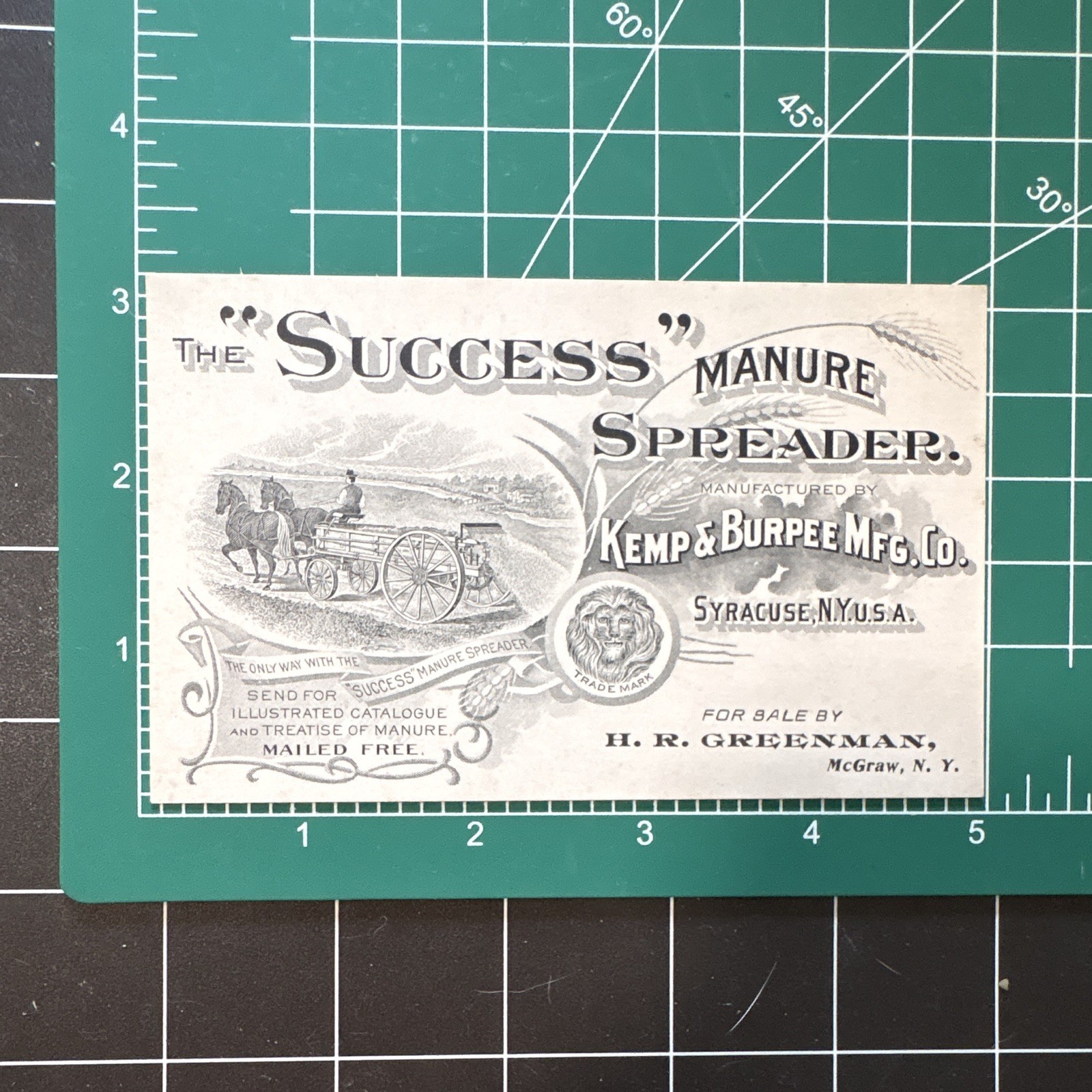 Kemp & Burpee Mfg. Co. Agriculture Trade Card “The Success” Manure Spreader