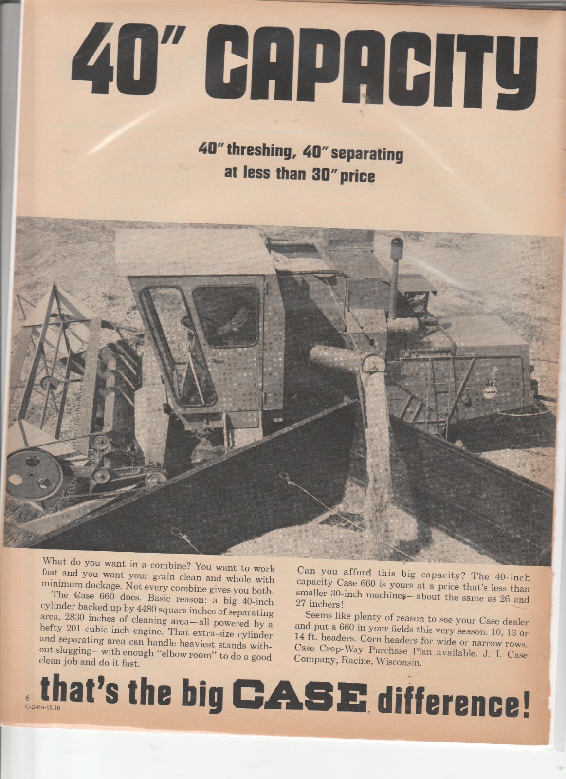 Original 1967 Case Tractor Combine Magazine Ad ’40″Capacity’