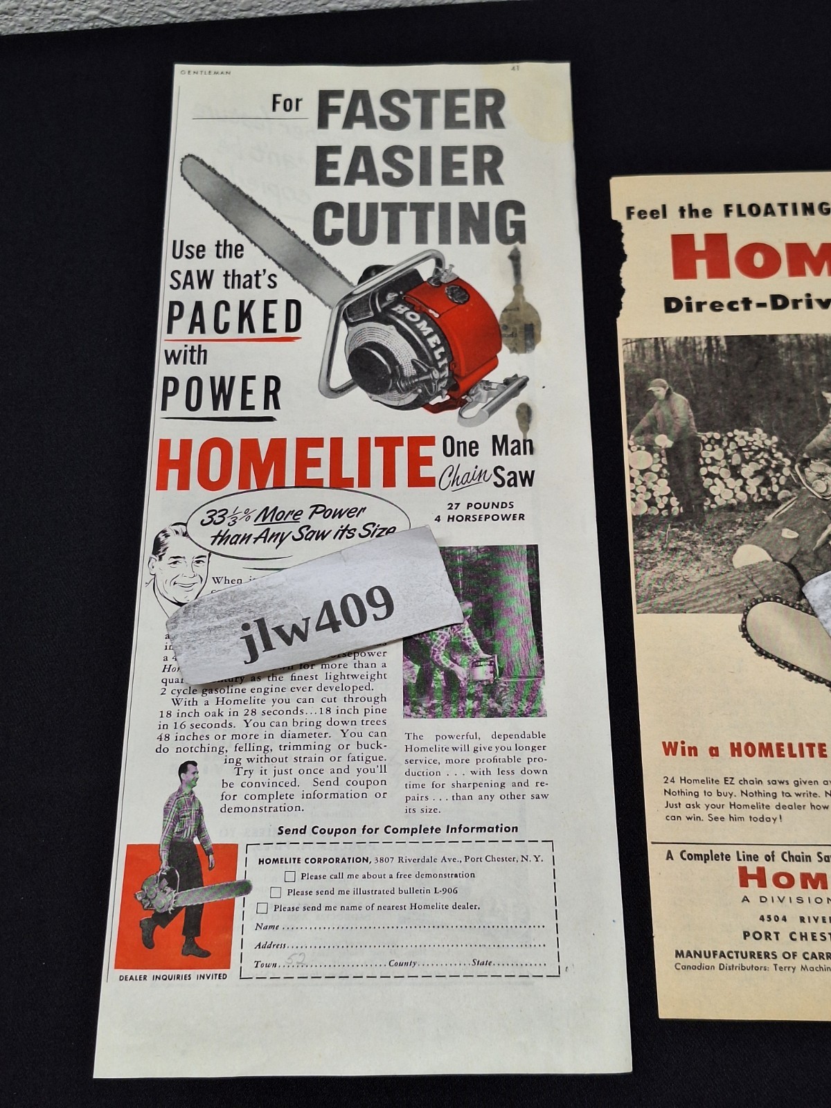 2 Vintage 1952 1956 HOMELITE CHAINSAW Original Print Ads Magazine Ad