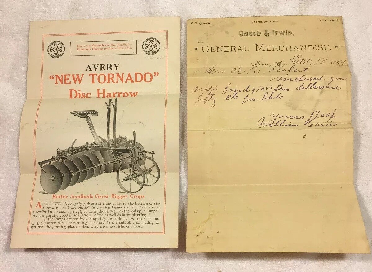 BF Avery Lexington Tractor Disk Harrow Dealer’s Brochure & Queen Irwin Martin KY