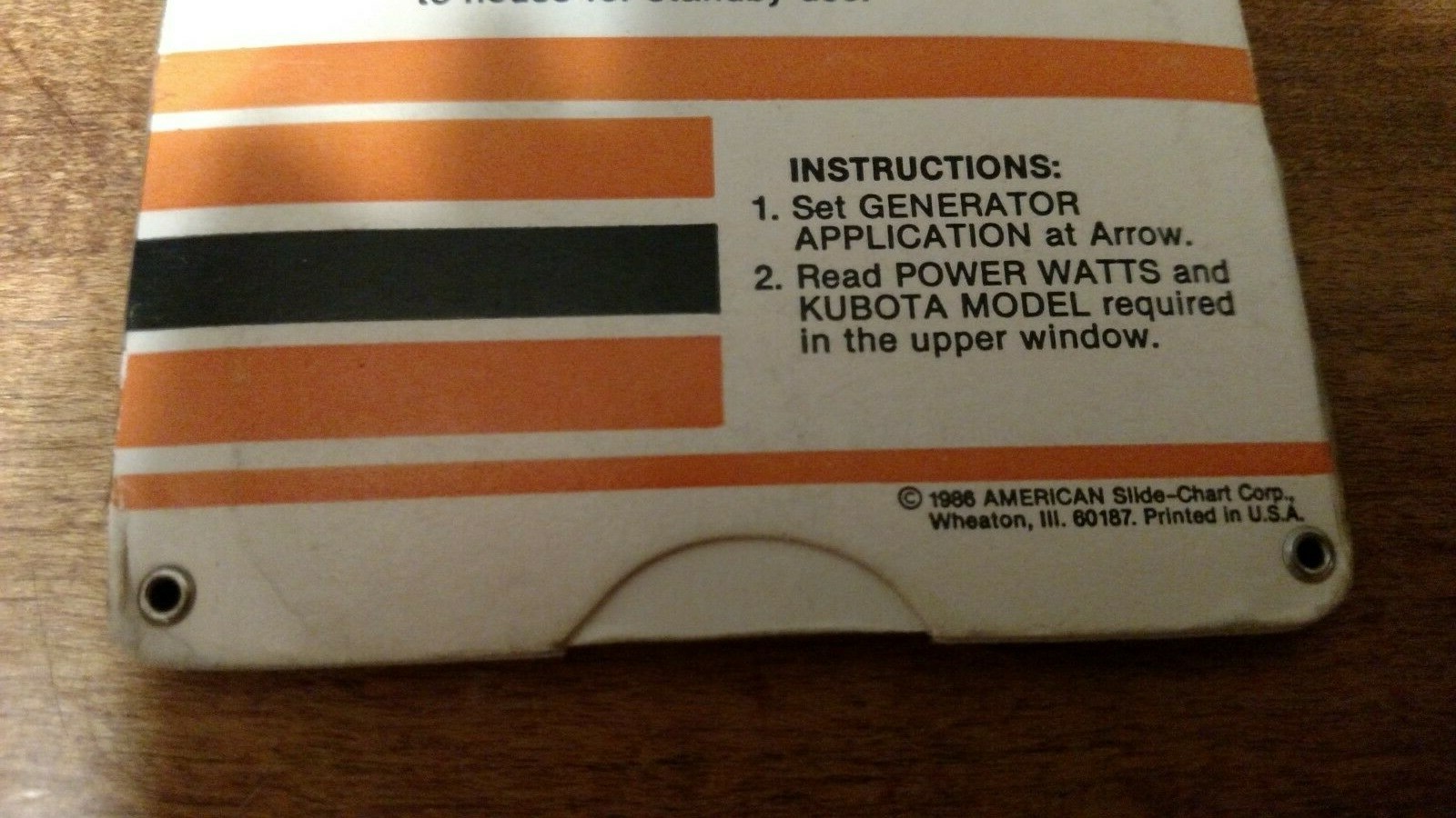 KUBOTA GENERATOR & PUMPS QUICK FACT SLIDE CHART FROM 1986 ****DEALER USE****