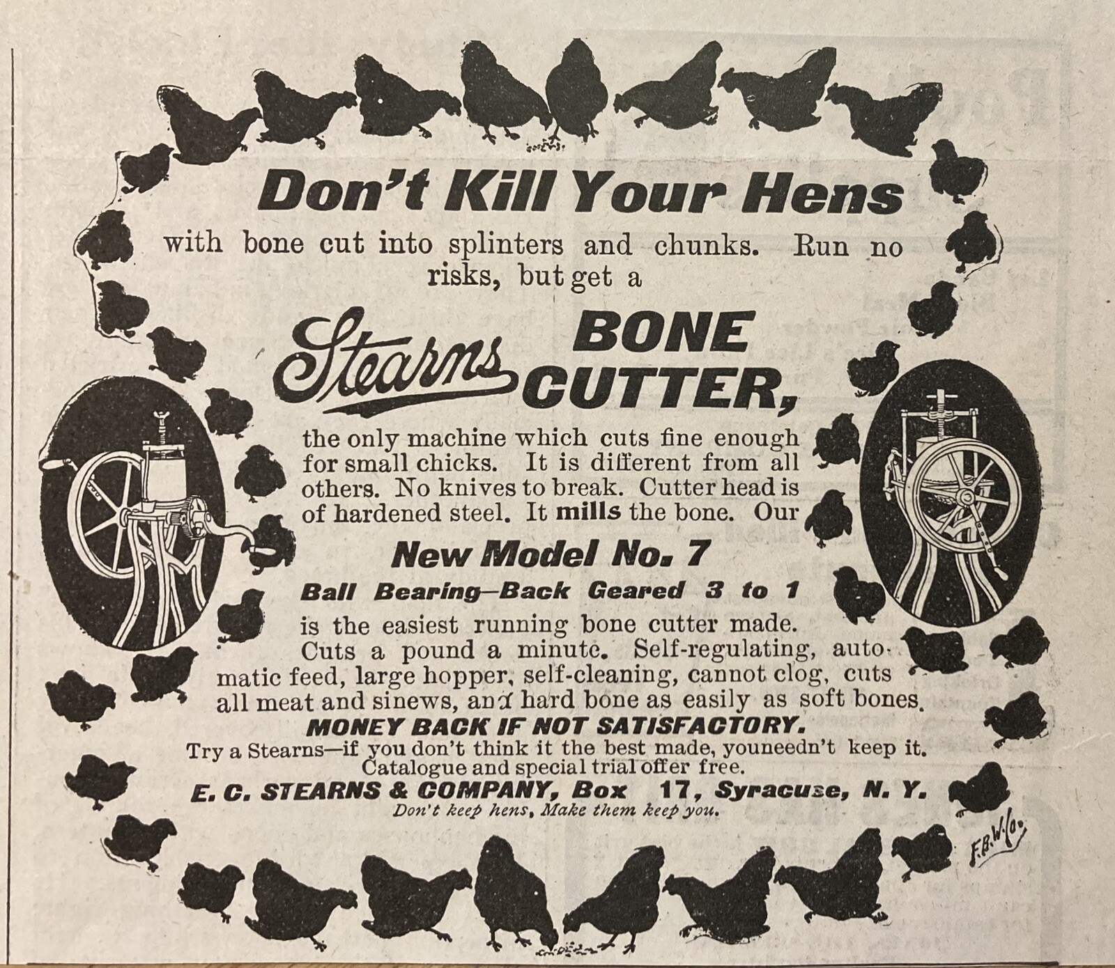 1903 AD.(XH63)~E.C. STEARNS CO. SYRACUSE, NY. STEARNS POULTRY BONE CUTTER