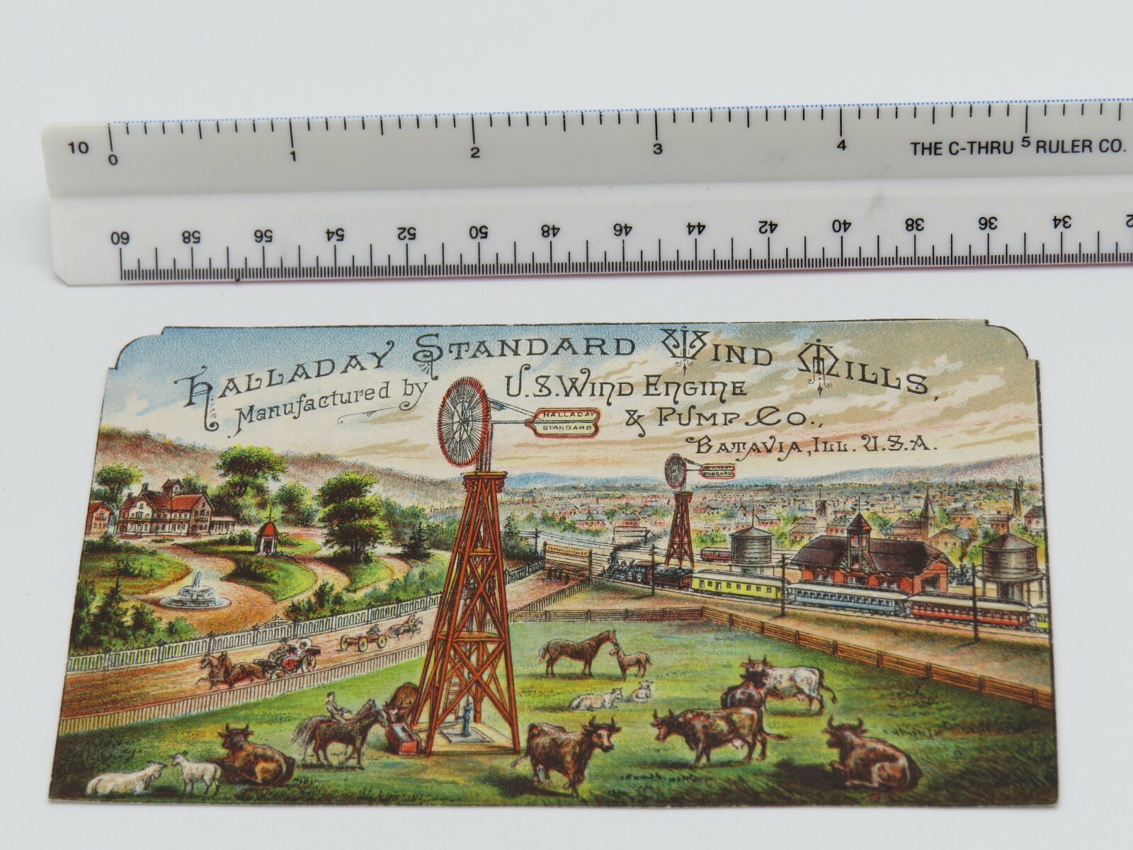 Vintage Halladay Standard Windmill US Engine Pump Co TRADE CARD 1800 Kansas City