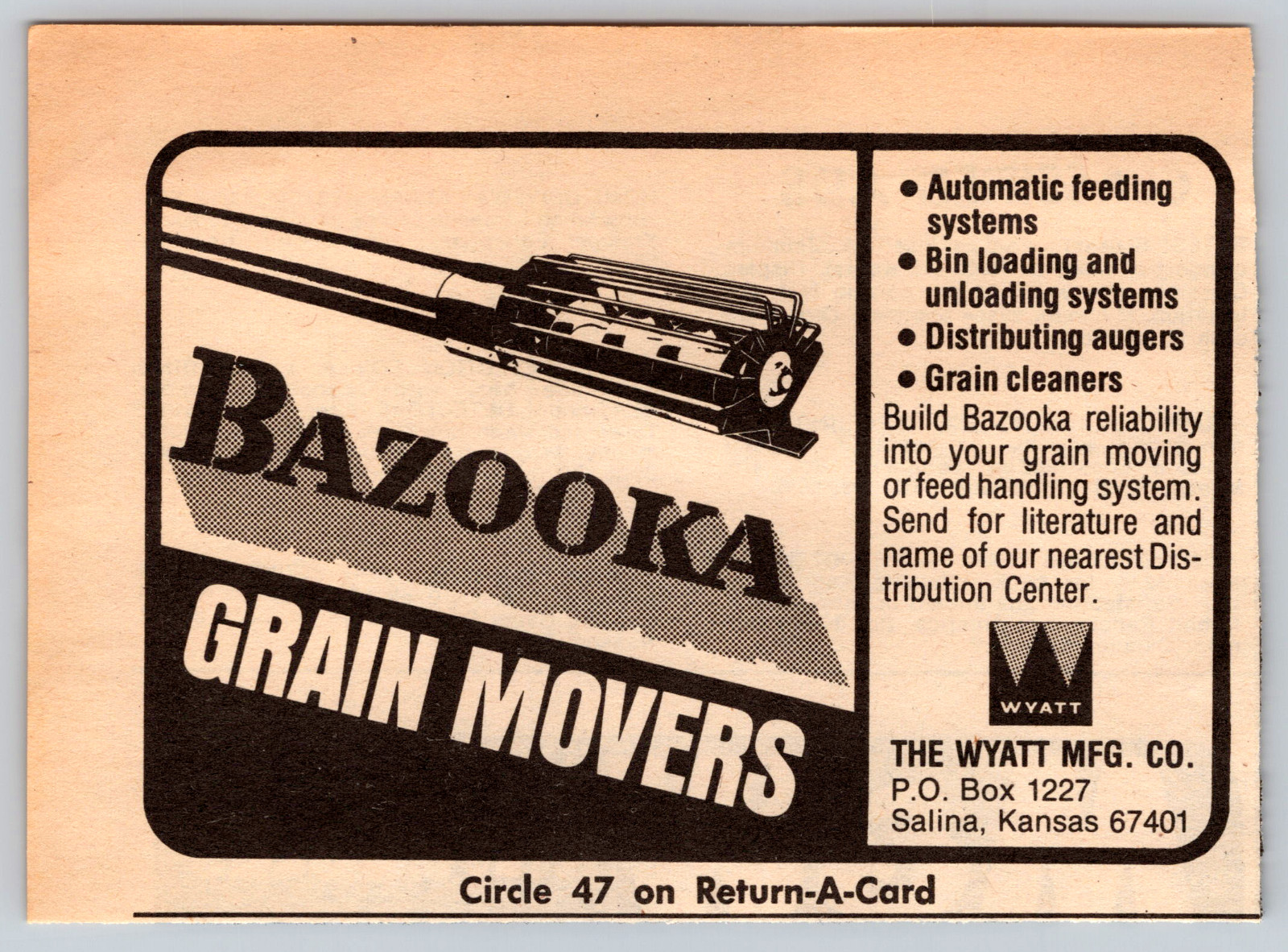 1973 Print Ad Wyatt Mfg Co Salina KS Bazooka Grain Movers