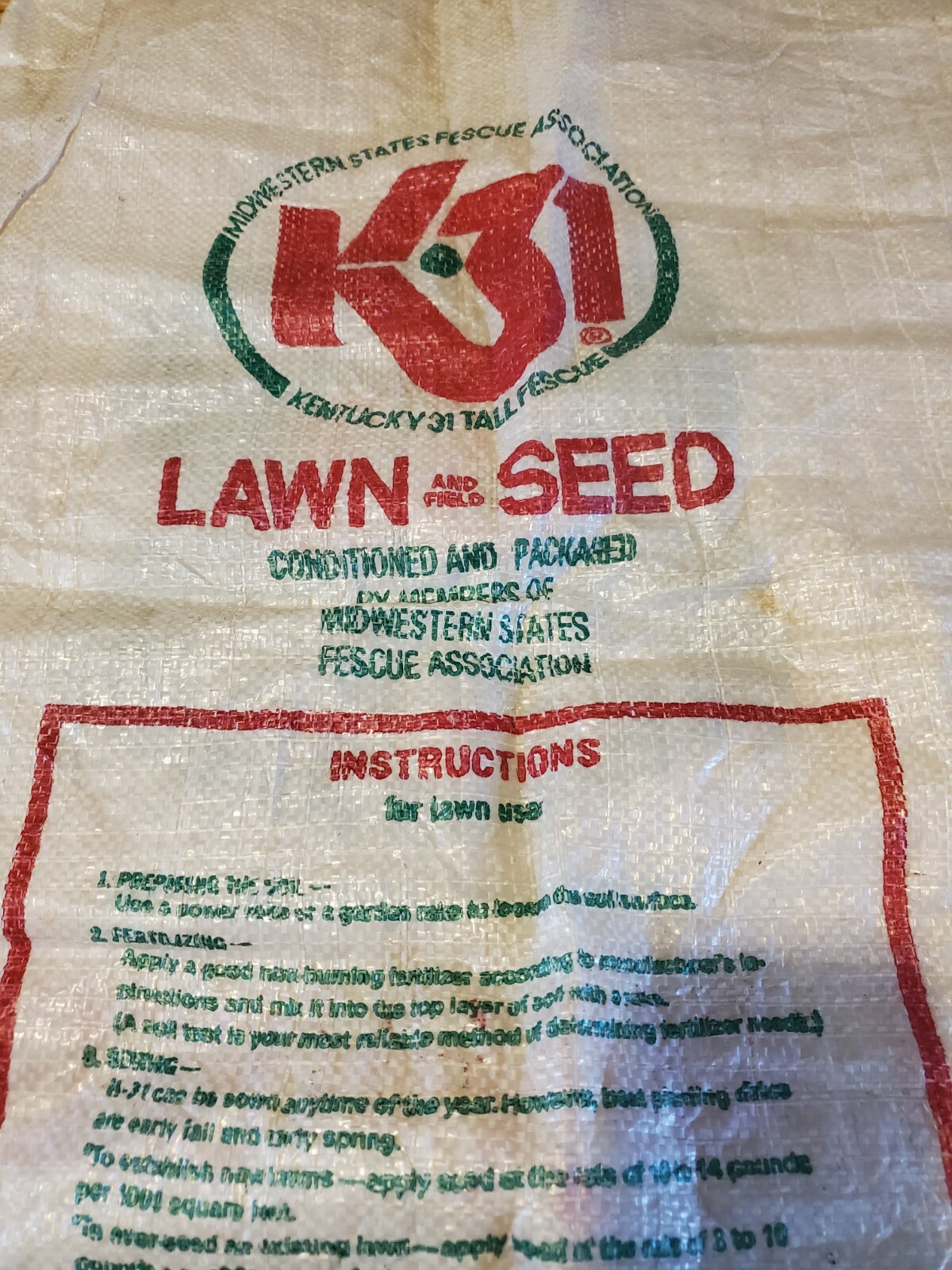 Vintage Kentucky 31 Tall Fescue Grass Seed Bag Sack ONLY 36″x20″