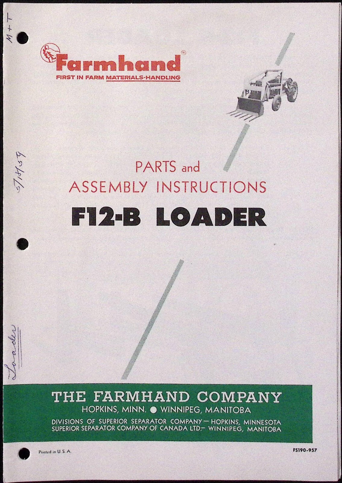 1959 Farmhand F12-B Loader Parts and Assembly Instructions Booklet