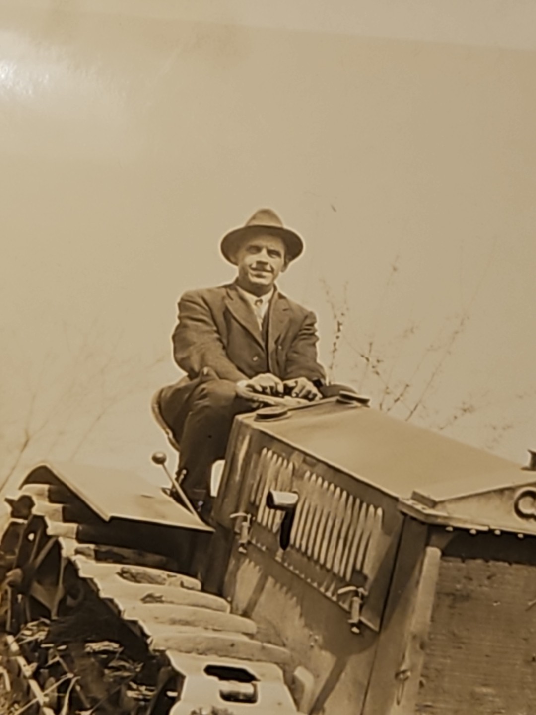 Antique Cletrac Tractor Photo w Man All Dressed Up In His Best Angular Radiator
