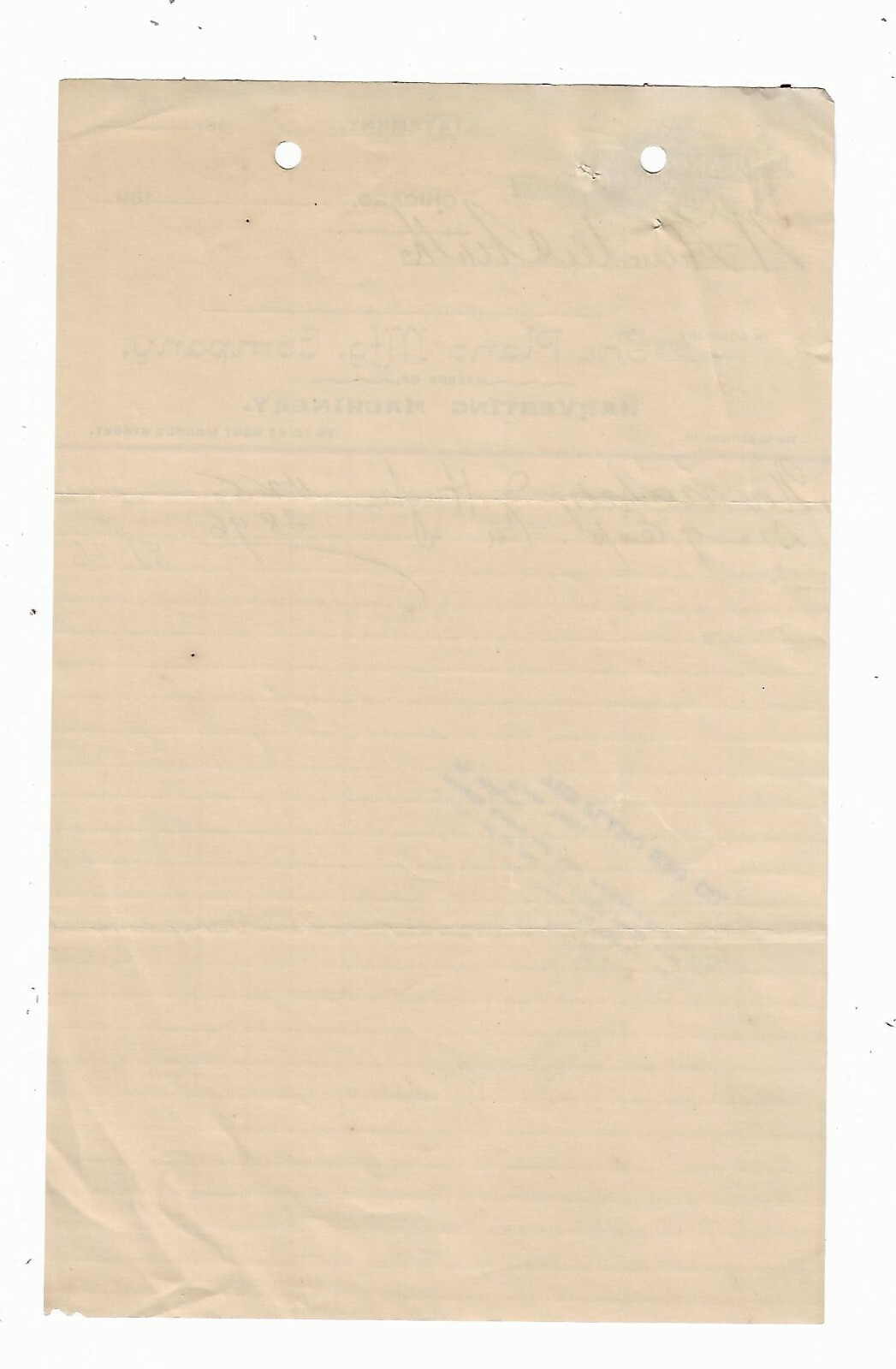 1890’s Invoice Plano Mfg Company Harvesting Machinery Chicago Illinois Farming