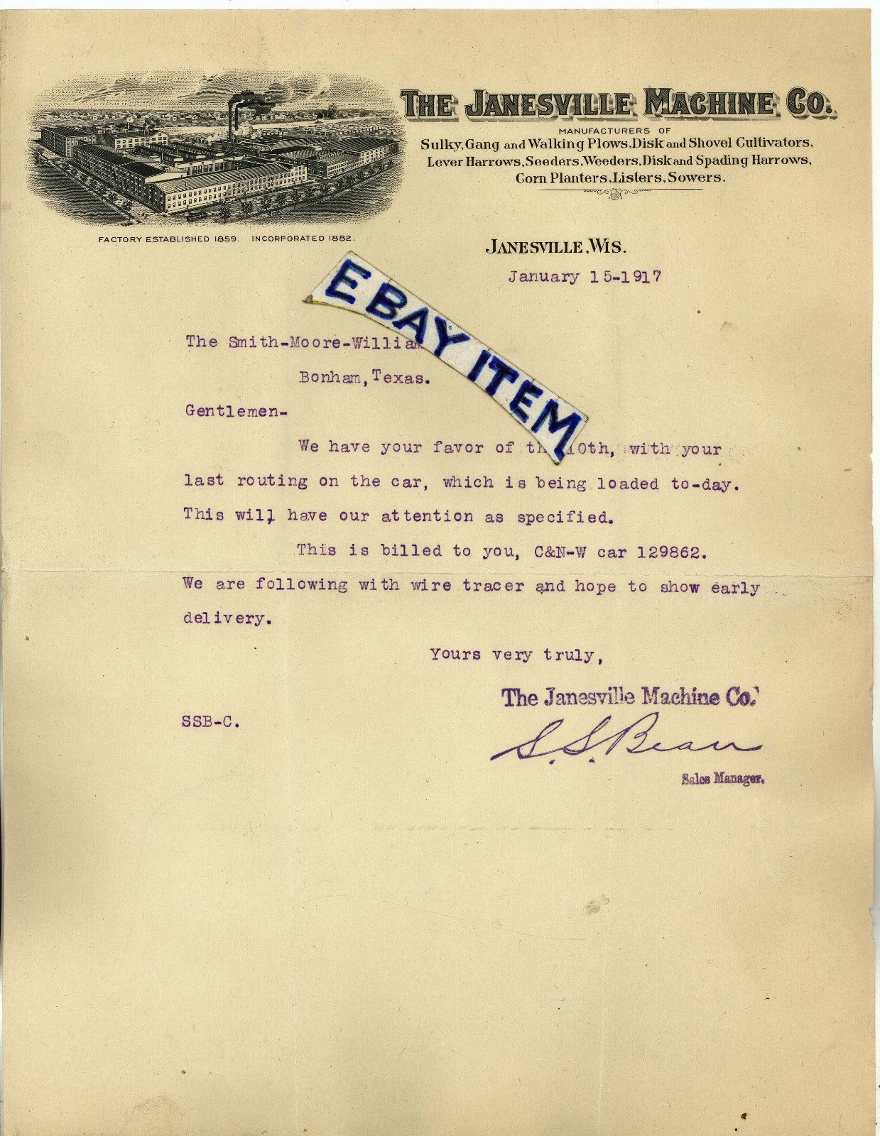 1917 LETTERHEAD Wisconsin JANESVILLE MACHINE COMPANY S.S. Bean FARM MACHINERY