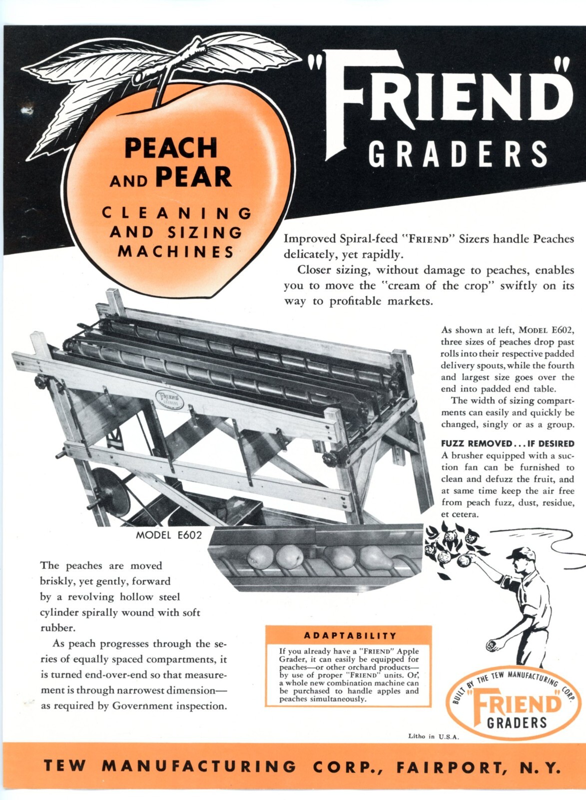 Friend Peach & Pear Graders TEW Manufacturing Corp Fairport New York brochure