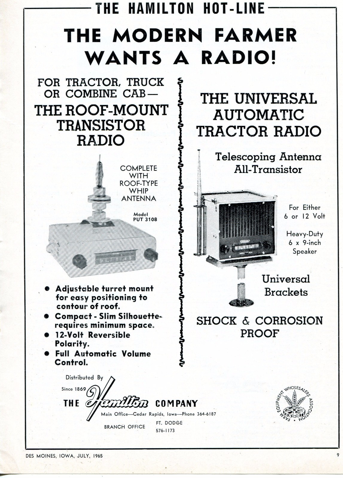 1965 Print Ad of The Hamilton Co PUT 3108 Transistor & Universal Tractor Radio
