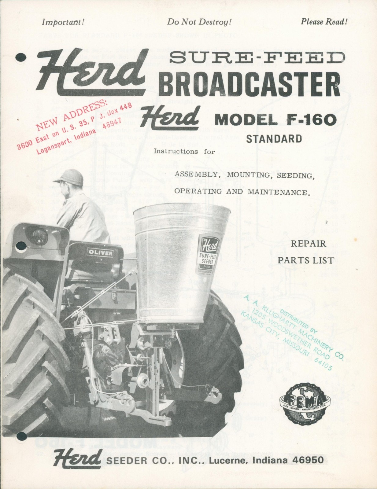 c1965 Herd Sure Feed F-160 Seeder Broadcaster Dealer Glossy Brochure Lucerne IN