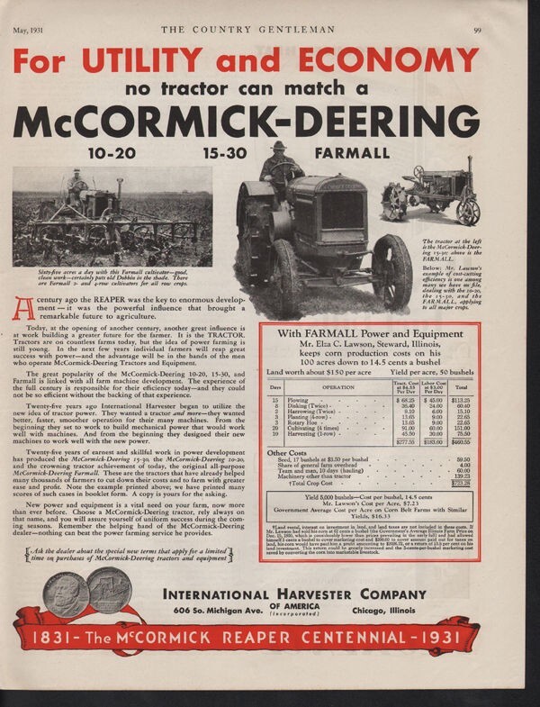 1931 MCCORMICK DEERING TRACTOR FARM INTERNATIONAL HARVESTER FARMALL AD 12813