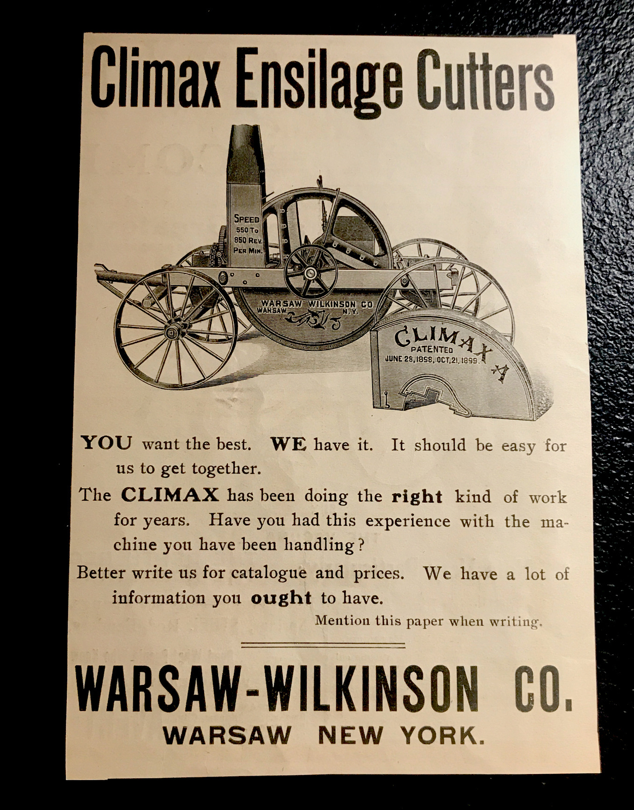 1902 Climax Ensilage Cutter Farm Engraving Advertising – Warsaw – New York