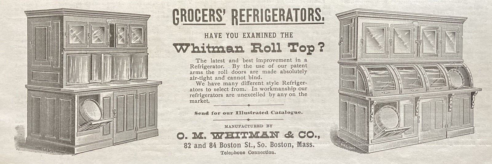 1899 AD.(XH63)~O. M. WHITMAN CO. BOSTON. WHITMAN ROLL TOP REFRIGERATORS