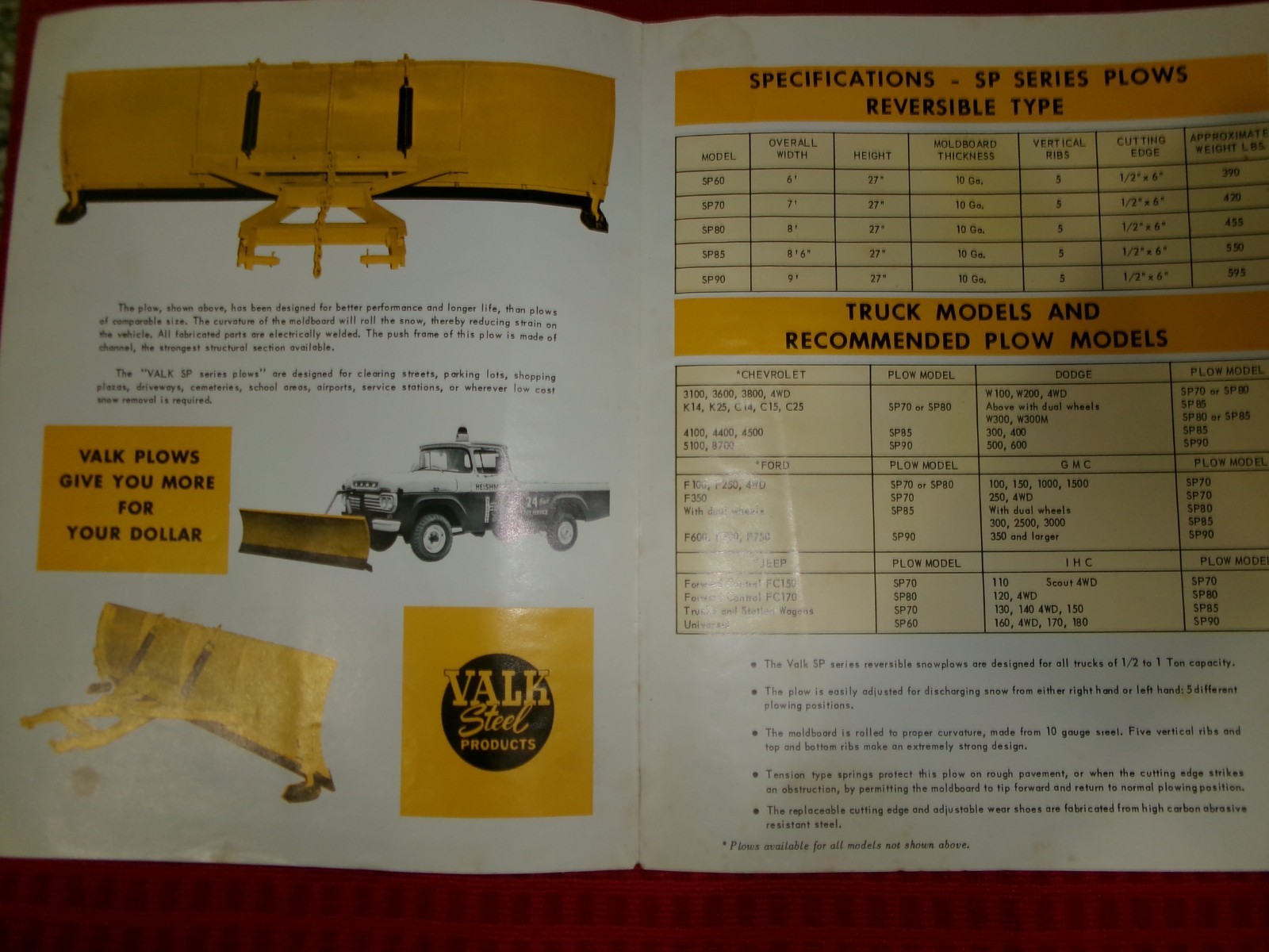 VINT. EARLY 1960’S VALK SNOW PLOWS FOR TRUCKS SALES BROCHURE – CARLISLE, PA.