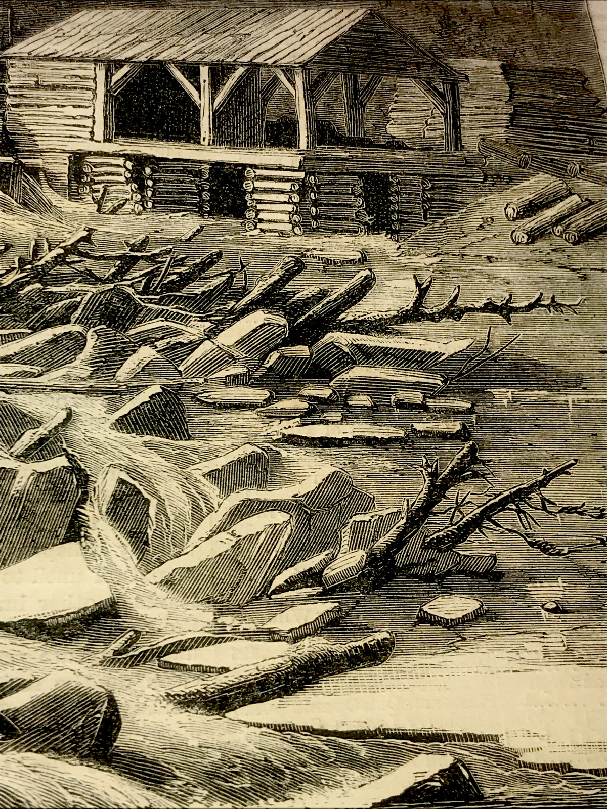 ORIGINAL 1872 THE BREAKING UP OF THE ICE Settler Farm Engraving Advertising