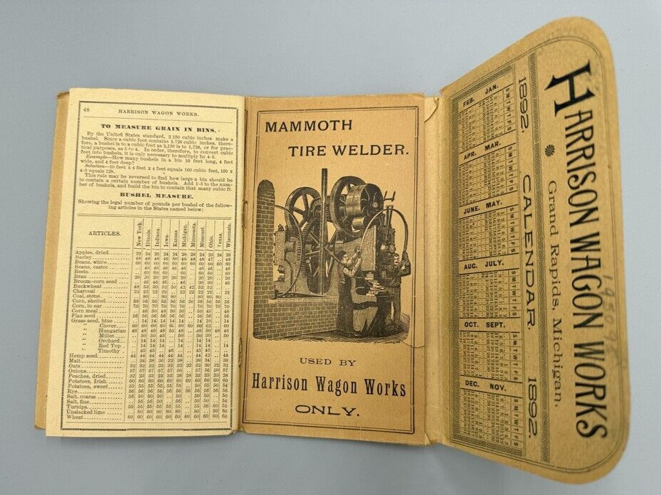 1892 HARRISON WAGON WORKS Machinery FARM Pocket Ledger GRAND RAPIDS MI Advertise