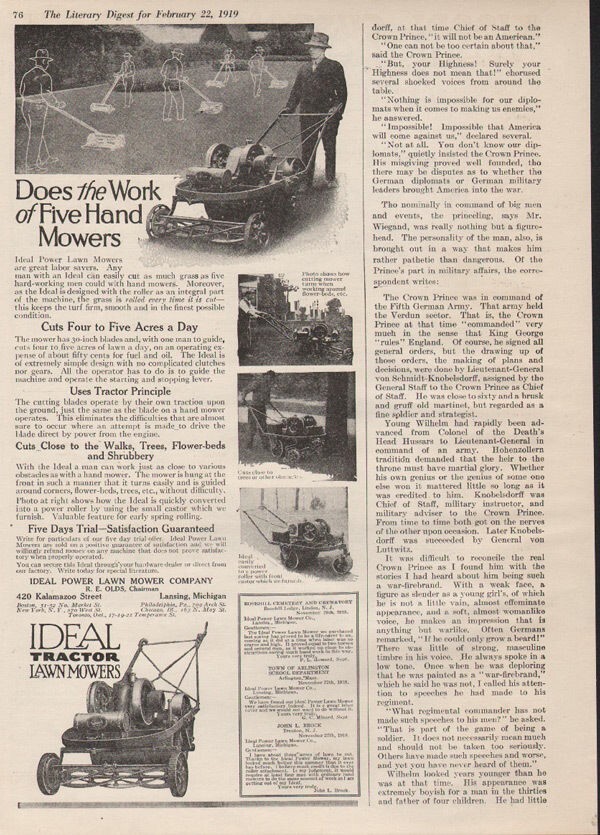 1919 IDEAL TRACTOR LAWN MOWER LANDSCAPE FARM LANSING MICHIGAN RE OLDS AD 7914